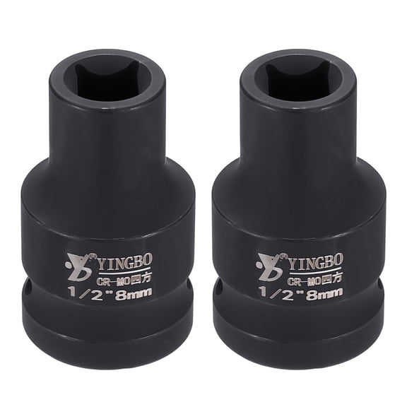 Uxcell 2pcs 4 Point Square Socket 1/2" Drive 8mm Metric Square Impact Socket 1.6" (40mm) Long 40CR Steel Phosphating Standard Wheel Sleeve Tool for Auto Repair Mechanical Home Use