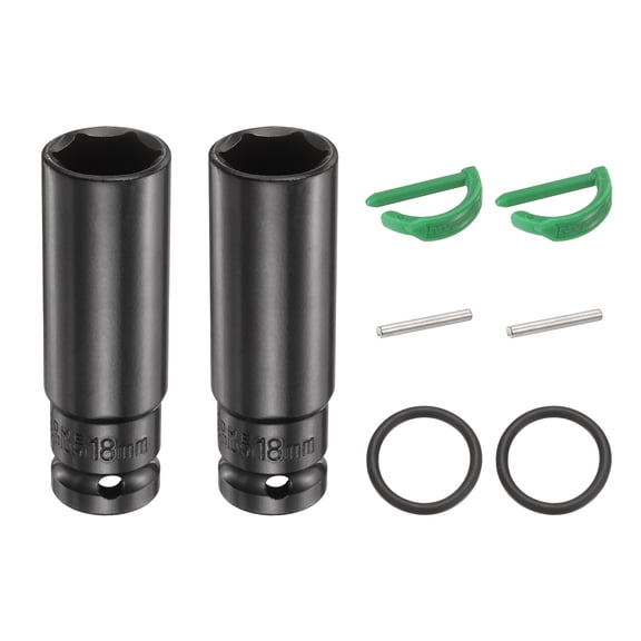 Uxcell 2pcs 6 Point Deep Impact Socket 1/2" Drive 18mm Metric Standard Socket Cr-Mo Steel Spindle Axle Hex Nut Bolt Sockets with Rubber Ring Locking Pin