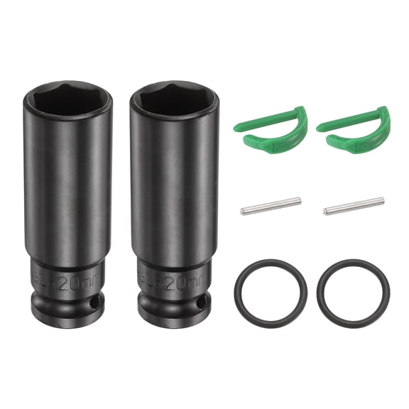 Uxcell 2pcs 6 Point Deep Impact Socket 1/2" Drive 20mm Metric Standard Socket Cr-Mo Steel Spindle Axle Hex Nut Bolt Sockets with Rubber Ring Locking Pin