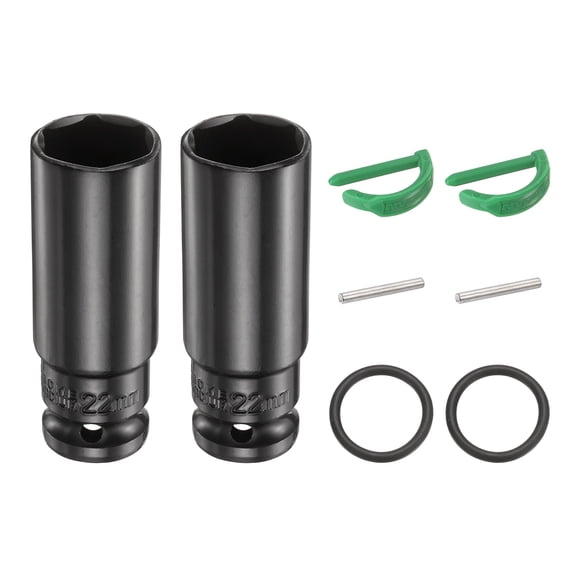 Uxcell 2pcs 6 Point Deep Impact Socket 1/2" Drive 22mm Metric Standard Socket Cr-Mo Steel Spindle Axle Hex Nut Bolt Sockets with Rubber Ring Locking Pin