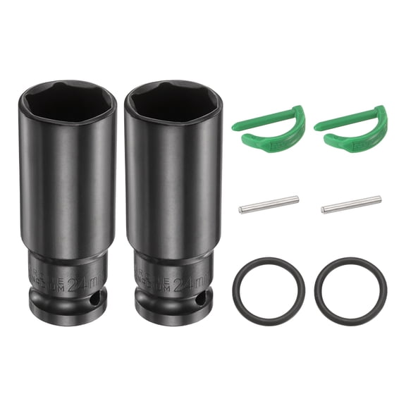 Uxcell 2pcs 6 Point Deep Impact Socket 1/2" Drive 24mm Metric Standard Socket Cr-Mo Steel Spindle Axle Hex Nut Bolt Sockets with Rubber Ring Locking Pin
