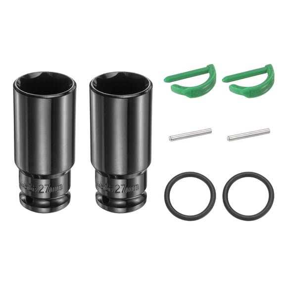 Uxcell 2pcs 6 Point Deep Impact Socket 1/2" Drive 27mm Metric Standard Socket Cr-Mo Steel Spindle Axle Hex Nut Bolt Sockets with Rubber Ring Locking Pin