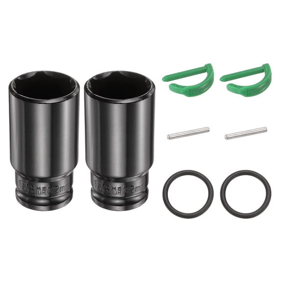 Uxcell 2pcs 6 Point Deep Impact Socket 1/2" Drive 32mm Metric Standard Socket Cr-Mo Steel Spindle Axle Hex Nut Bolt Sockets with Rubber Ring Locking Pin