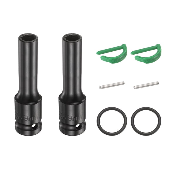Uxcell 2pcs 6 Point Deep Impact Socket 1/2" Drive 9mm Metric Standard Socket Cr-Mo Steel Spindle Axle Hex Nut Bolt Sockets with Rubber Ring Locking Pin