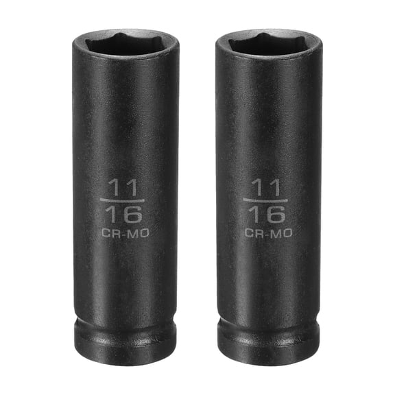 Uxcell 2pcs 6 Point Shallow Impact Socket 11/16" Socket 1/2" Square Drive 78mm (3.1") Long 40cr Alloy Steel for Home Auto Axle Hex Nuts Bolts Repair, Black