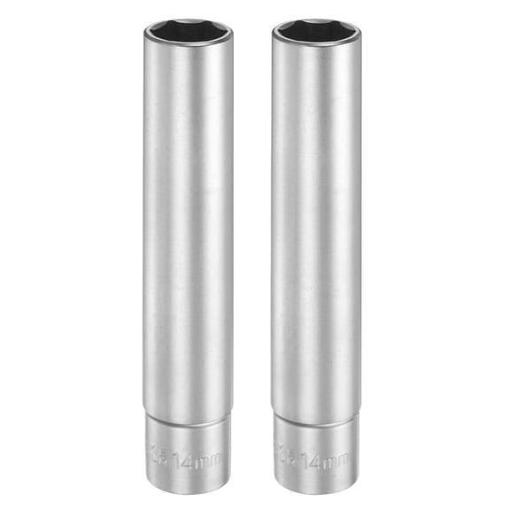Uxcell 2pcs 6 Points Deep Socket 3/8" Drive 14mm Nickel Plating Flip Sleeve 4.7" Long
