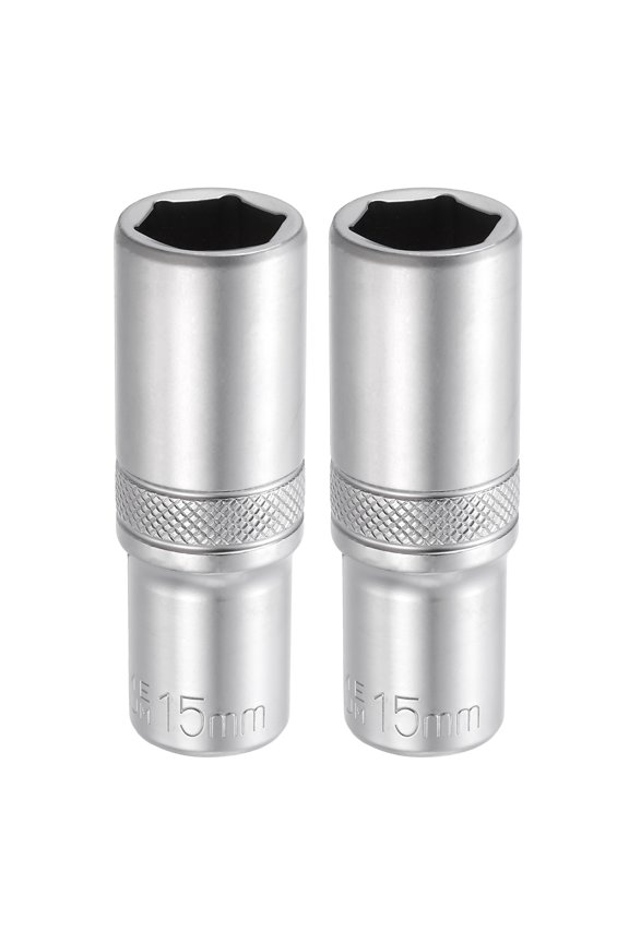 2pcs 6 Points Deep Socket 3/8" Drive 15mm Deep Metric CR-V Steel Polished Nickel Plating Impact Sockets 64mm / 2.5" Long Flip Sleeve Tool for Home Auto Nuts Bolts Repair