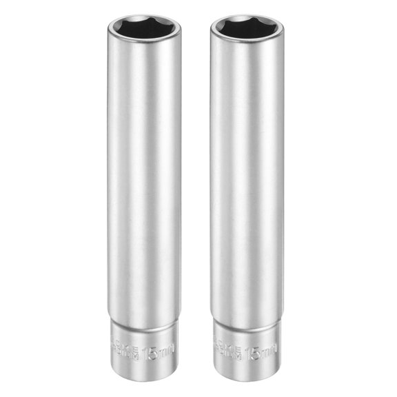 Uxcell 2pcs 6 Points Deep Socket 3/8" Drive 15mm Nickel Plating Flip Sleeve 4.7" Long