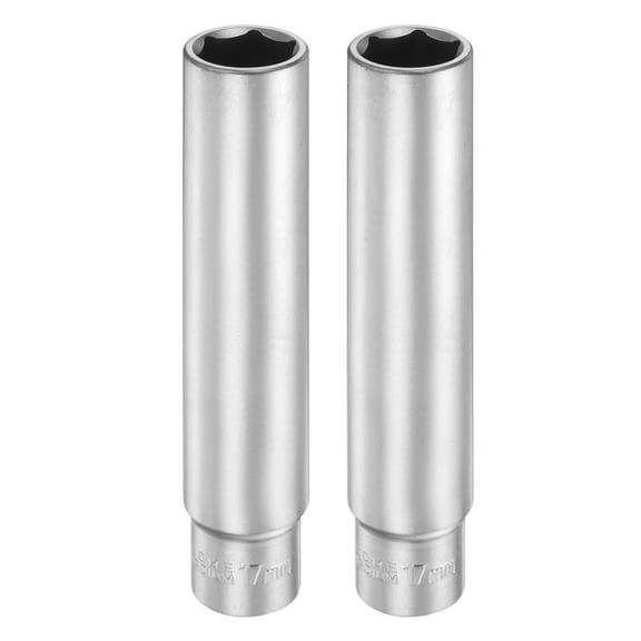 Uxcell 2pcs 6 Points Deep Socket 3/8" Drive 17mm Nickel Plating Flip Sleeve 4.7" Long