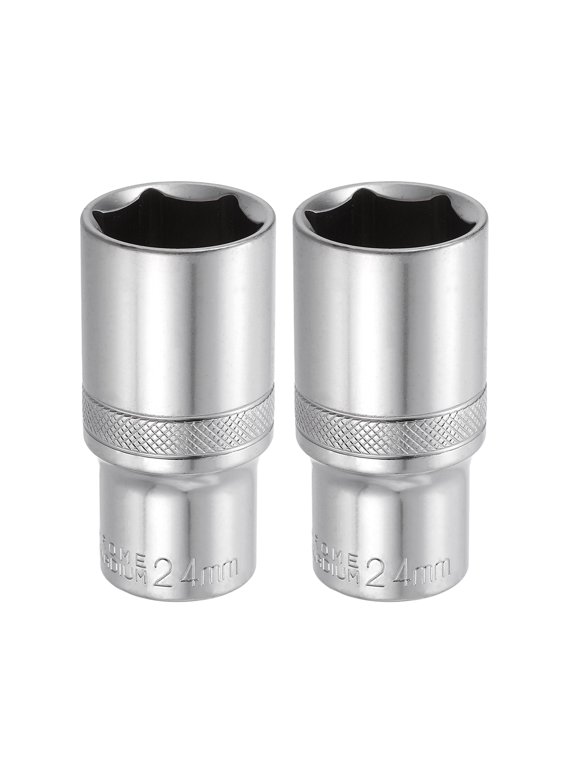 2pcs 6 Points Deep Socket 3/8" Drive 24mm Deep Metric CR-V Steel Polished Nickel Plating Impact Sockets 64mm / 2.5" Long Flip Sleeve Tool for Home Auto Nuts Bolts Repair