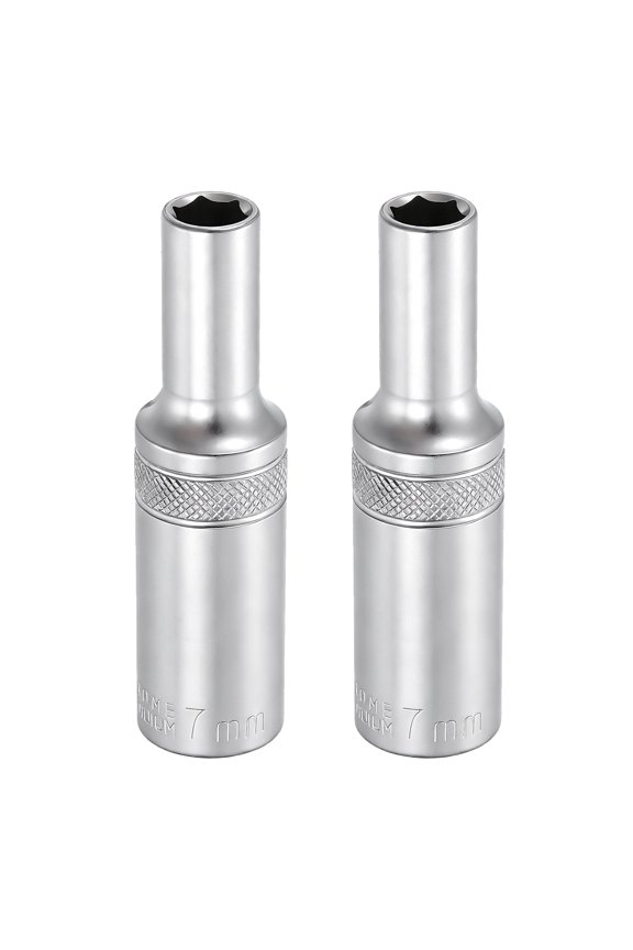 2pcs 6 Points Deep Socket 3/8" Drive 7mm Deep Metric CR-V Steel Polished Nickel Plating Impact Sockets 64mm / 2.5" Long Flip Sleeve Tool for Home Auto Nuts Bolts Repair