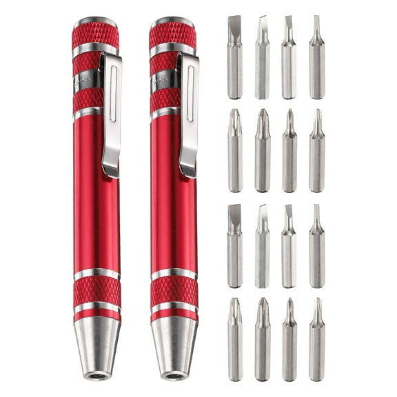 Uxcell 2Pcs 8 in 1 Mini Pocket Pen Screwdriver Set Small Magnetic Screw Driver with Phillips and Flat Head Bits, Red