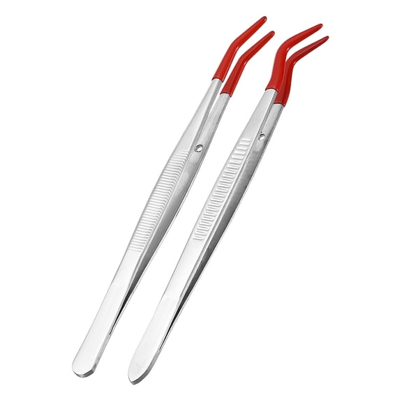 Uxcell 2pcs Bent Tweezers with Rubber Tips Stainless Steel Angled Grip Non-Slip Long Crafting Curved Flat Tip Tweezers for DIY Craft Jewelry Beading Electronics, Silver Red
