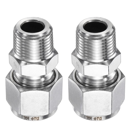Uxcell 2pcs Compression Fitting 1/2" OD x 3/8" NPT Male Stainless Steel Coupler Adapter