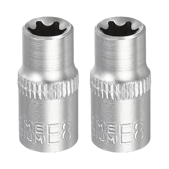Uxcell 2pcs E-Torx Socket 1/4" Drive E8 Star Metric Socket 1" Length External Torx Shallow Sleeve 35K Alloy Steel Chrome 6 Point Spline Sleeve for Auto Repairs