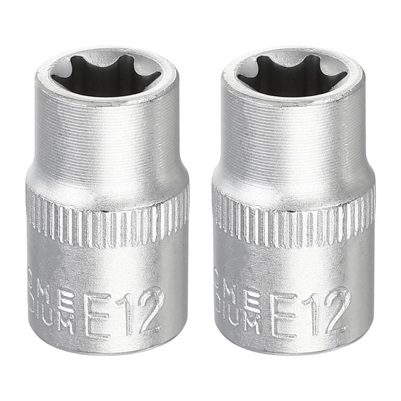 Uxcell 2pcs E-Torx Socket 3/8" Drive E12 Star Metric Socket 1.2" Length External Torx Shallow Sleeve 35K Alloy Steel Chrome 6 Point Spline Sleeve for Auto Repairs