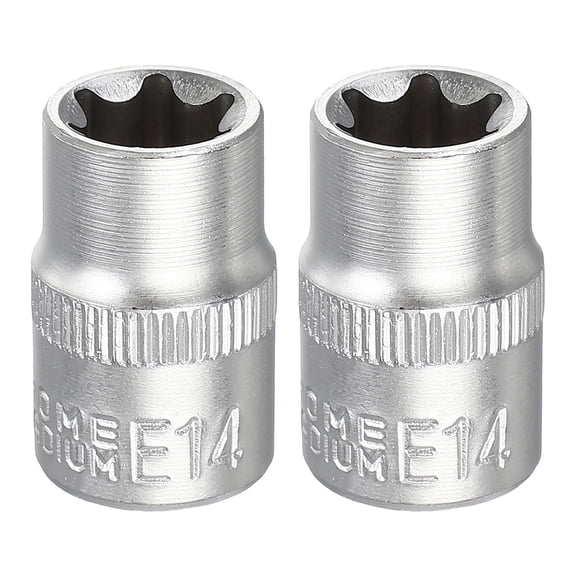 Uxcell 2pcs E-Torx Socket 3/8" Drive E14 Star Metric Socket 1.2" Length External Torx Shallow Sleeve 35K Alloy Steel Chrome 6 Point Spline Sleeve for Auto Repairs