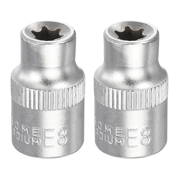 Uxcell 2pcs E-Torx Socket 3/8" Drive E8 Star Metric Socket 1.2" Length External Torx Shallow Sleeve 35K Alloy Steel Chrome 6 Point Spline Sleeve for Auto Repairs