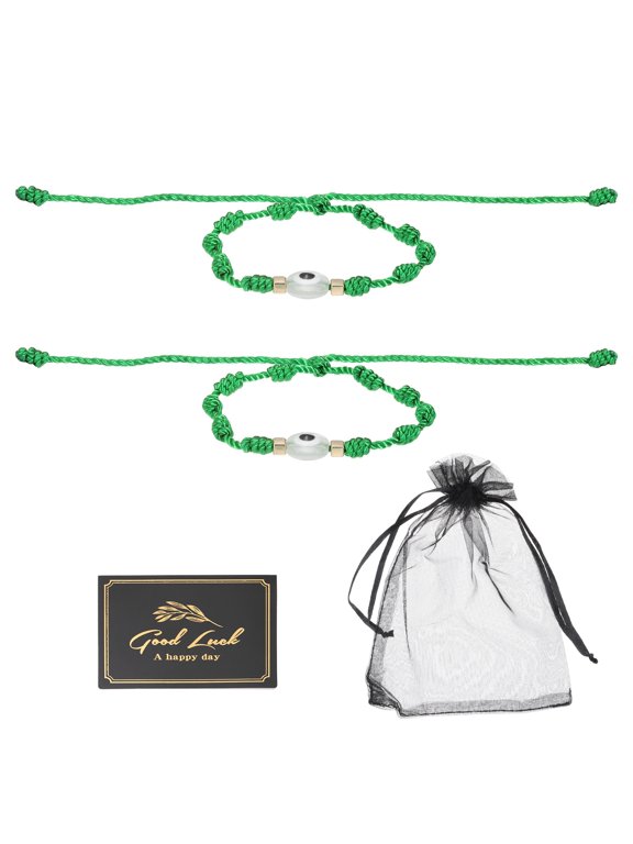 2pcs Evil Eye Bracelet, Handmade Knots Braided Rope String Adjustable Evil Eye Waterproof Good Luck Bracelet Set with Card & Mesh Bag for Luck Protection Women Men Gifts, Green