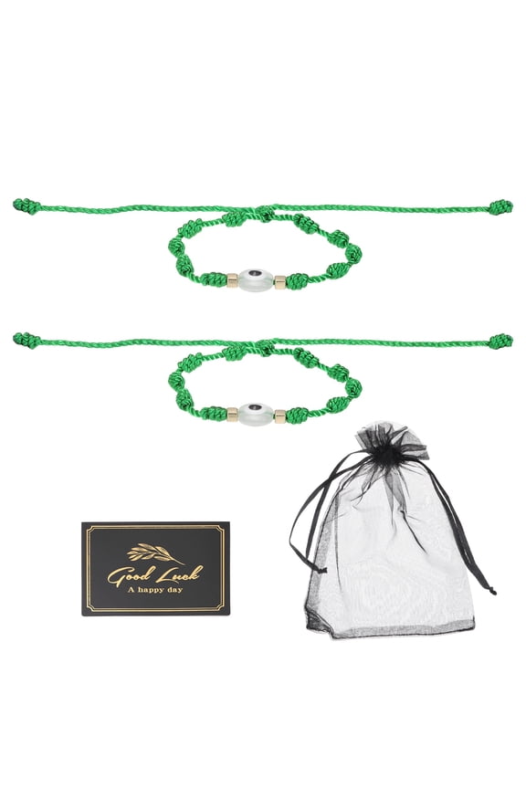 2pcs Evil Eye Bracelet, Handmade Knots Braided Rope String Adjustable Evil Eye Waterproof Good Luck Bracelet Set with Card & Mesh Bag for Luck Protection Women Men Gifts, Green