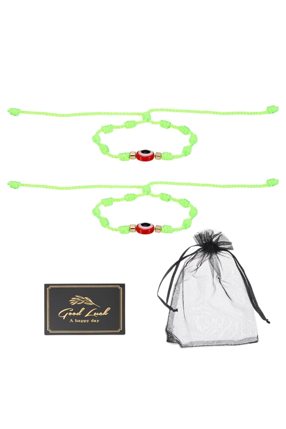 2pcs Evil Eye Bracelet, Handmade Knots Braided Rope String Adjustable Evil Eye Waterproof Good Luck Bracelet Set with Card & Mesh Bag for Luck Protection Women Men Gifts, Fluorescent Green
