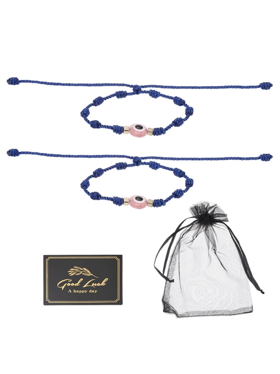 2pcs Evil Eye Bracelet, Handmade Knots Braided Rope String Adjustable Evil Eye Waterproof Good Luck Bracelet Set with Card & Mesh Bag for Luck Protection Women Men Gifts, Dark Blue