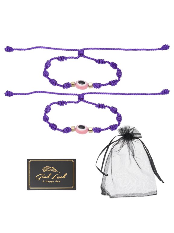 2pcs Evil Eye Bracelet, Handmade Knots Braided Rope String Adjustable Evil Eye Waterproof Good Luck Bracelet Set with Card & Mesh Bag for Luck Protection Women Men Gifts, Dark Purple
