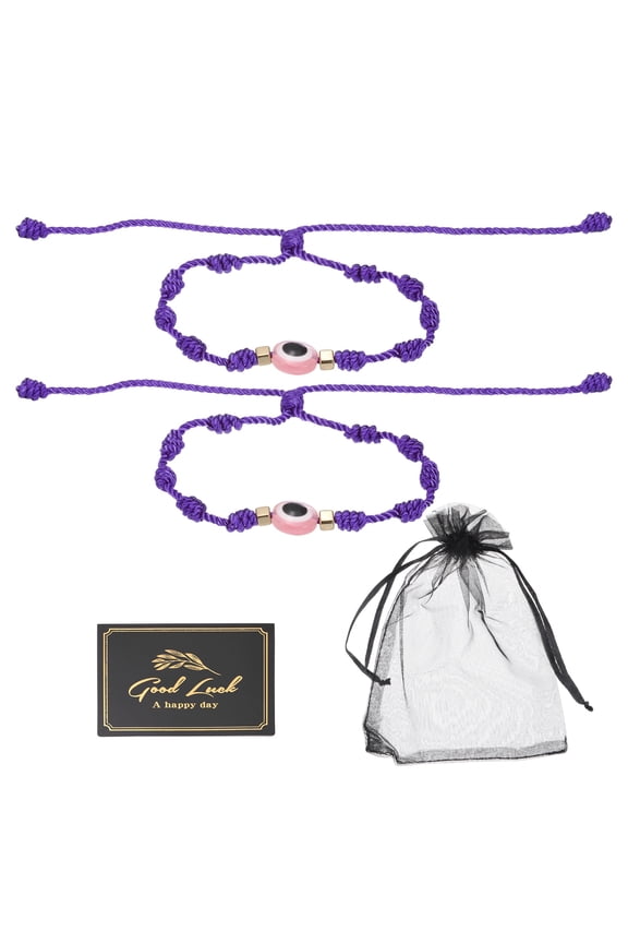 2pcs Evil Eye Bracelet, Handmade Knots Braided Rope String Adjustable Evil Eye Waterproof Good Luck Bracelet Set with Card & Mesh Bag for Luck Protection Women Men Gifts, Dark Purple