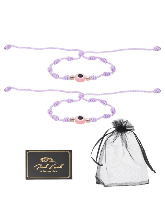 2pcs Evil Eye Bracelet, Handmade Knots Braided Rope String Adjustable Evil Eye Waterproof Good Luck Bracelet Set with Card & Mesh Bag for Luck Protection Women Men Gifts, Purple
