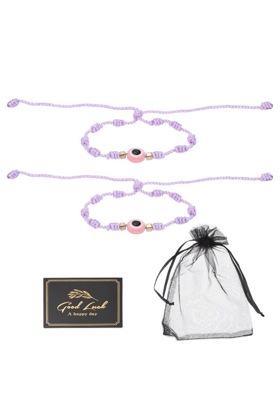 2pcs Evil Eye Bracelet, Handmade Knots Braided Rope String Adjustable Evil Eye Waterproof Good Luck Bracelet Set with Card & Mesh Bag for Luck Protection Women Men Gifts, Purple