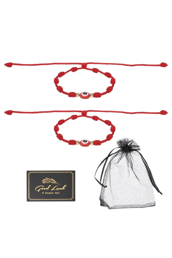 2pcs Evil Eye Bracelet, Handmade Knots Braided Rope String Adjustable Evil Eye Waterproof Good Luck Bracelet Set with Card & Mesh Bag for Luck Protection Women Men Gifts, Red
