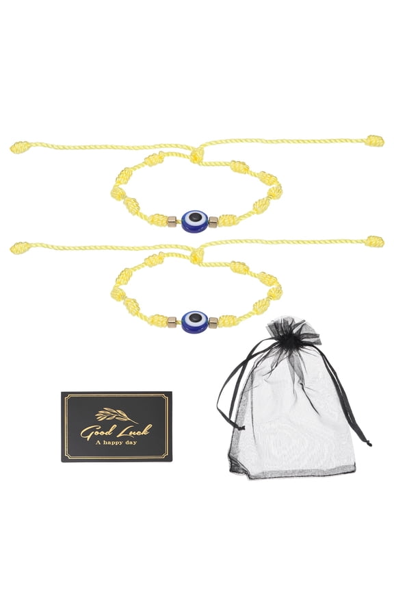 2pcs Evil Eye Bracelet, Handmade Knots Braided Rope String Adjustable Evil Eye Waterproof Good Luck Bracelet Set with Card & Mesh Bag for Luck Protection Women Men Gifts, Yellow