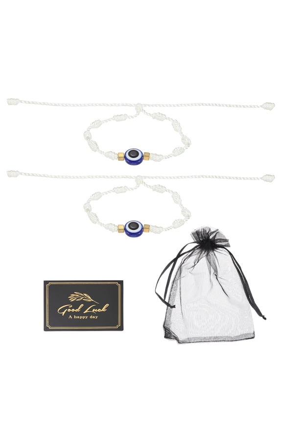 2pcs Evil Eye Bracelet, Handmade Knots Braided Rope String Adjustable Evil Eye Waterproof Good Luck Bracelet Set with Card & Mesh Bag for Luck Protection Women Men Gifts, White