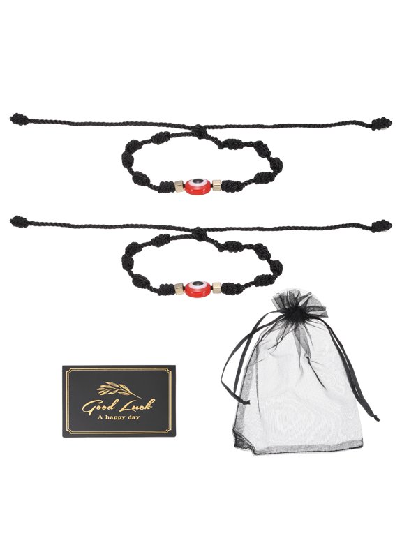 2pcs Evil Eye Bracelet, Handmade Knots Braided Rope String Adjustable Evil Eye Waterproof Good Luck Bracelet Set with Card & Mesh Bag for Luck Protection Women Men Gifts, Black Red