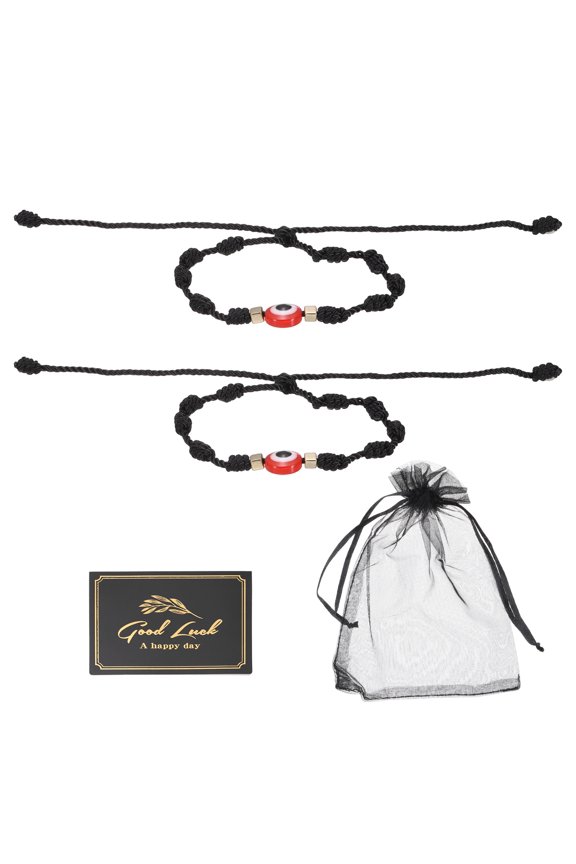 2pcs Evil Eye Bracelet, Handmade Knots Braided Rope String Adjustable Evil Eye Waterproof Good Luck Bracelet Set with Card & Mesh Bag for Luck Protection Women Men Gifts, Black Red