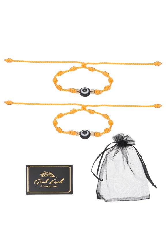 2pcs Evil Eye Bracelet, Handmade Knots Braided Rope String Adjustable Evil Eye Waterproof Good Luck Bracelet Set with Card & Mesh Bag for Luck Protection Women Men Gifts, Orange