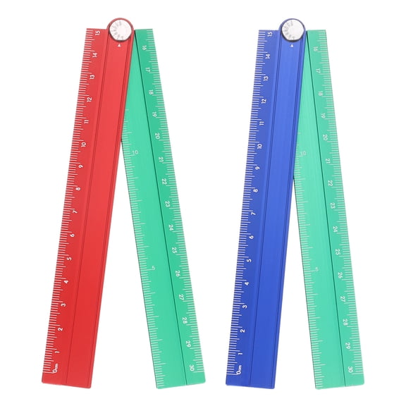 Uxcell 2pcs Folding Straight Ruler 30cm Metric Aluminum Alloy Protractor Foldable Angle Ruler Geometric Measuring Tool with Angle Line for Architects Artists Office, Blue Green/Red Green