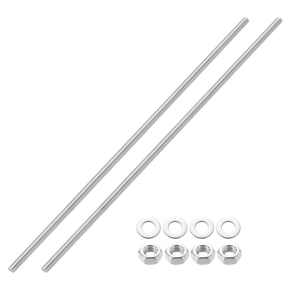 Uxcell 2pcs Fully Threaded Rod, M8 x 350mm 201 Stainless Steel Right Hand Threads Rods with Nuts and Flat Washer Fully Studding Rod Bar for Clamps, Hangers and U-Bolts