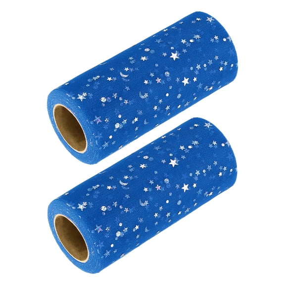 Uxcell 2pcs Glitter Tulle Ribbon (6 Inch x 25 Yards) - Star Moon Pattern Wide Mesh Ribbon Sparkle Fabric Tulle Rolls, for DIY Tutu Skirt Bow Wedding Decor Gift Wrapping, Blue