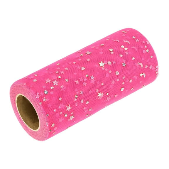 Uxcell 2pcs Glitter Tulle Ribbon (6 Inch x 25 Yards) - Star Moon Pattern Wide Mesh Ribbon Sparkle Fabric Tulle Rolls, for DIY Tutu Skirt Bow Wedding Decor Gift Wrapping, Rose Red