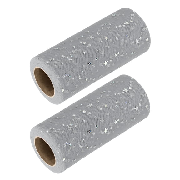 Uxcell 2pcs Glitter Tulle Ribbon (6 Inch x 25 Yards) - Star Moon Pattern Wide Mesh Ribbon Sparkle Fabric Tulle Rolls, for DIY Tutu Skirt Bow Wedding Decor Gift Wrapping, Gray