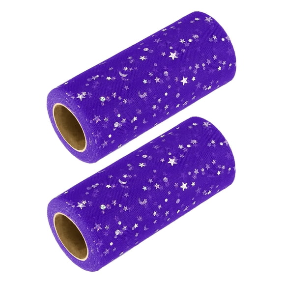 Uxcell 2pcs Glitter Tulle Ribbon (6 Inch x 25 Yards) - Star Moon Pattern Wide Mesh Ribbon Sparkle Fabric Tulle Rolls, for DIY Tutu Skirt Bow Wedding Decor Gift Wrapping, Dark Purple