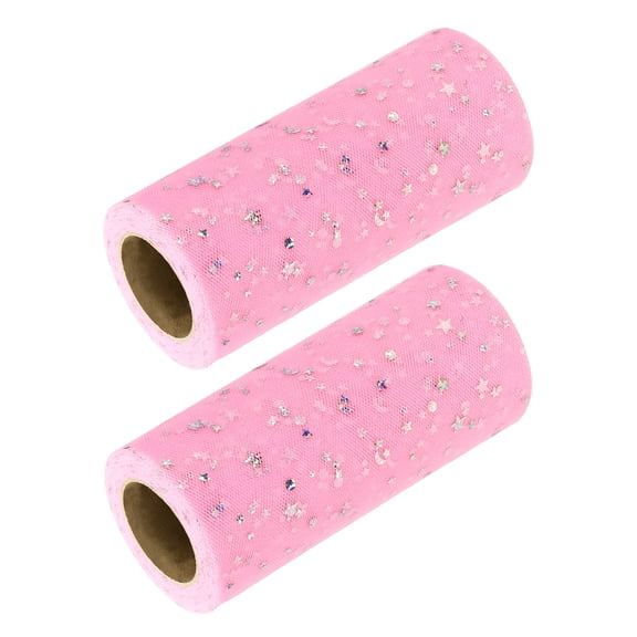 Uxcell 2pcs Glitter Tulle Ribbon (6 Inch x 25 Yards) - Star Moon Pattern Wide Mesh Ribbon Sparkle Fabric Tulle Rolls, for DIY Tutu Skirt Bow Wedding Decor Gift Wrapping, Pink