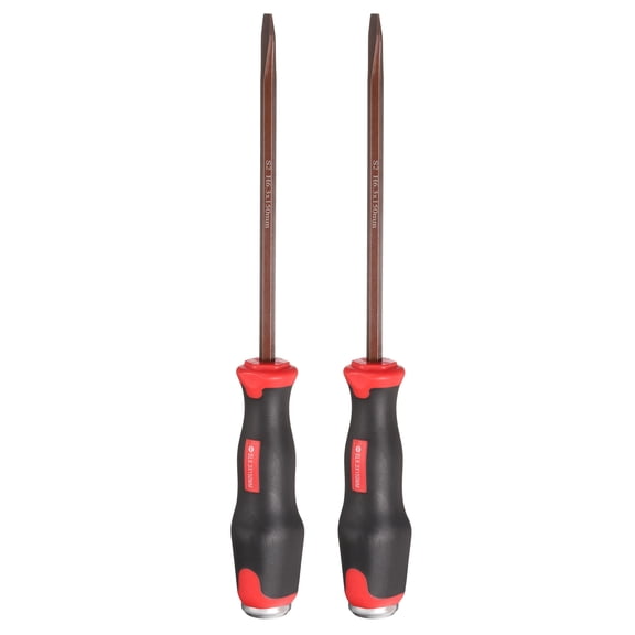 Uxcell 2pcs H6.3 Flat Head Screwdriver 10.63" Magnetic Screwdrivers 4.72" Heat-Treated S2 Alloy Steel with Ergonomic Handle for DIY Repairing, Red Brown