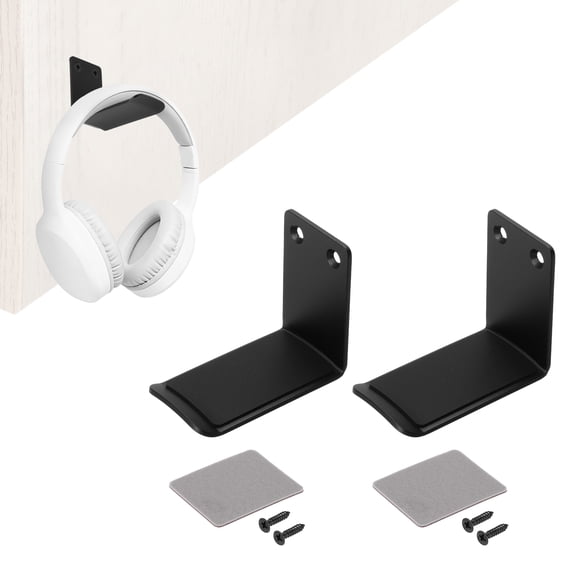 Uxcell 2pcs Headphone Holder Stand Aluminum Headset Hook Headphone Clip Under Desk Hanger with Tape and Screws for Bedrooms Study Libraries Offices, Black (5.5cm)