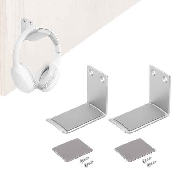 Uxcell 2pcs Headphone Holder Stand Aluminum Headset Hook Headphone Clip Under Desk Hanger with Tape and Screws for Bedrooms Study Libraries Offices, Silver (5.5cm)
