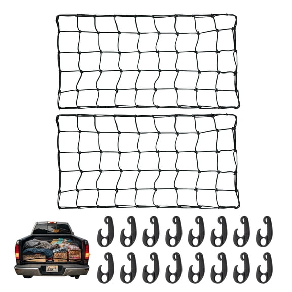 Uxcell 2pcs Heavy Duty Pickup Truck Bed Cargo Net 35.4' x 20' Latex Bungee Net Mesh Truck Bed Accessories with 16pcs Adjustable Plastic Hooks for Truck Pickup Bed Trailer Trunk SUV