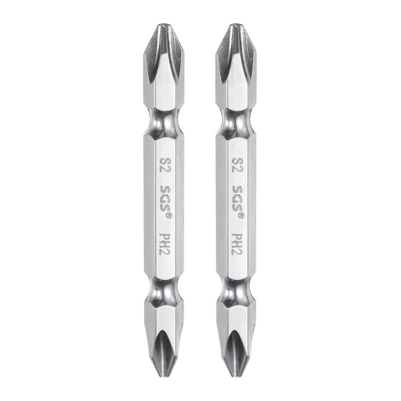 Uxcell 2pcs Magnetic Double Ended Screwdriver Bit 6.35mm PH2 2.56" Length 1/4" Hex Shank S2 Steel Two Sided Phillips Cross Screw Driver Bit, Bright Silver