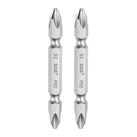 Uxcell 2pcs Magnetic Double Ended Screwdriver Bit 6.35mm PH2 2.56" Length 1/4" Hex Shank S2 Steel Two Sided Phillips Cross Screw Driver Bit, Yellow Silver