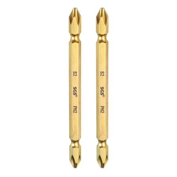 Uxcell 2pcs Magnetic Double Ended Screwdriver Bit 6.35mm PH2 4" Length 1/4" Hex Shank S2 Steel Two Sided Phillips Cross Screw Driver Bit, Gold Tone